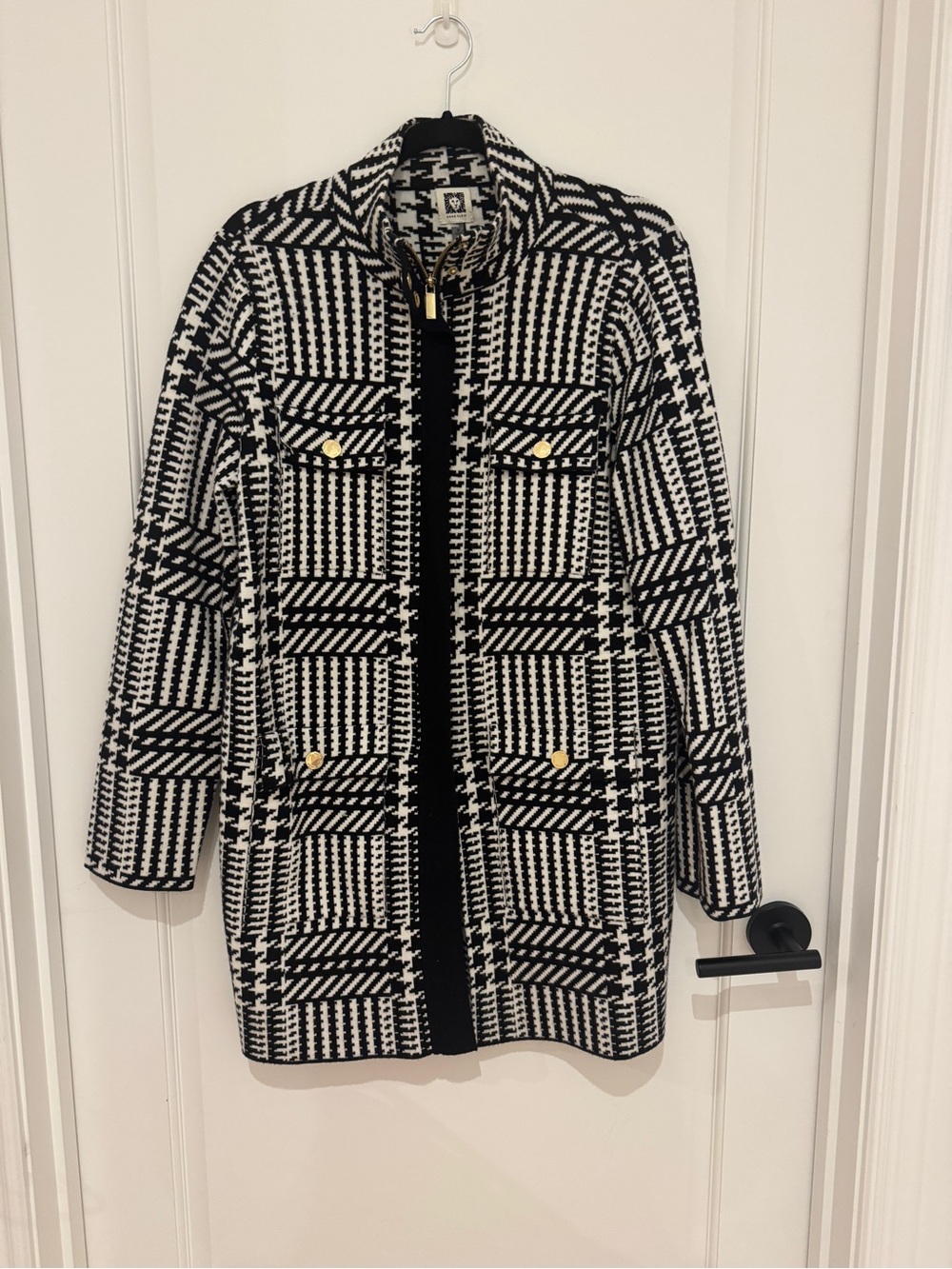 Anne Klein Black and White Houndstooth-Style Long Blazer Jacket